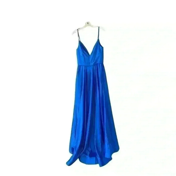 NEW La Femme Blue Sleeveless V-Neck High Leg Slit A-Line Gown size 10 - Picture 5 of 10